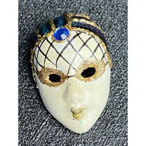 Vtg Rhinestone Mask Brooch Pin Mardi Gras Masquerade Ball Blue Gold Jewelry Gift